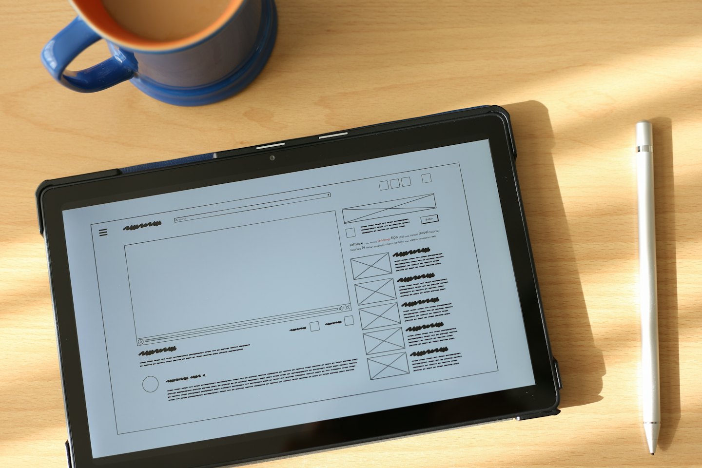 Tablet mit Drahtgittermodell auf einem Holztisch mit Kaffee.